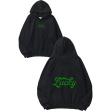 Urbvn Lucky Green Tasarım Baskılı Oversize Siyah Kapüşonlu Sweatshirt