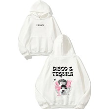Urbvn Disco Tequila Tasarım Baskılı Oversize Beyaz Kapüşonlu Sweatshirt