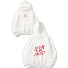 Urbvn Muaythai Fight Tasarım Baskılı Oversize Beyaz Kapüşonlu Sweatshirt