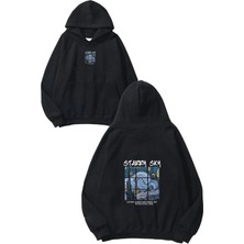 Urbvn Starry Sky Tasarım Baskılı Oversize Siyah Kapüşonlu Sweatshirt
