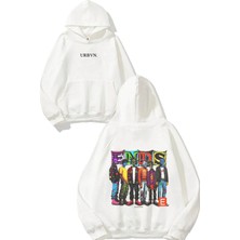 Urbvn Ends Grup Tasarım Baskılı Oversize Beyaz Kapüşonlu Sweatshirt