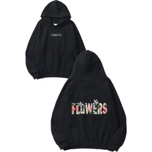 Urbvn Flowers Tasarım Baskılı Oversize Siyah Kapüşonlu Sweatshirt