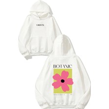 Urbvn Botanic Tasarım Baskılı Oversize Beyaz Kapüşonlu Sweatshirt