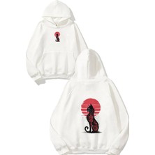 Urbvn Japan Cat Tasarım Baskılı Oversize Beyaz Kapüşonlu Sweatshirt