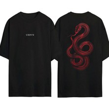 Urbvn Red Snakes Tasarım Baskılı Siyah Oversize T Shirt