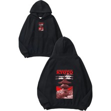 Urbvn Kyoto Tasarım Baskılı Oversize Siyah Kapüşonlu Sweatshirt