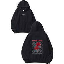 Urbvn Make Love Tasarım Baskılı Oversize Siyah Kapüşonlu Sweatshirt