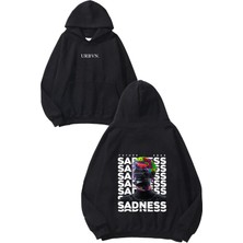 Urbvn Sadness Tasarım Baskılı Oversize Siyah Kapüşonlu Sweatshirt