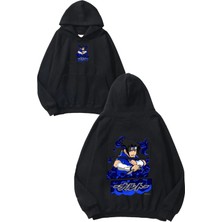 Urbvn Blue Samurai Tasarım Baskılı Oversize Siyah Kapüşonlu Sweatshirt