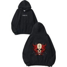 Urbvn Kurukafa Şeytan Tasarım Baskılı Oversize Siyah Kapüşonlu Sweatshirt