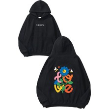 Urbvn Love Çiçek Tasarım Baskılı Oversize Siyah Kapüşonlu Sweatshirt