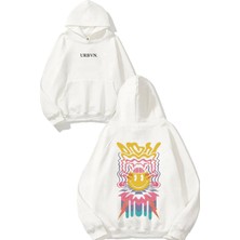 Urbvn Smile Brain Tasarım Baskılı Oversize Beyaz Kapüşonlu Sweatshirt