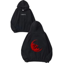 Urbvn Skull Moon Tasarım Baskılı Oversize Siyah Kapüşonlu Sweatshirt