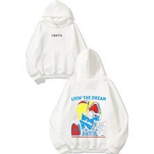 Urbvn Livin The Dream Tasarım Baskılı Oversize Beyaz Kapüşonlu Sweatshirt
