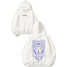 Urbvn Purple Skull Steel Tasarım Baskılı Oversize Beyaz Kapüşonlu Sweatshirt