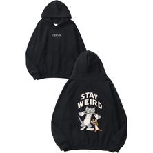 Urbvn Stay Weird Tasarım Baskılı Oversize Siyah Kapüşonlu Sweatshirt