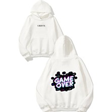 Urbvn Game Over Yazı Tasarım Baskılı Oversize Beyaz Kapüşonlu Sweatshirt