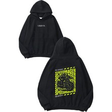 Urbvn Racer Tasarım Baskılı Oversize Siyah Kapüşonlu Sweatshirt