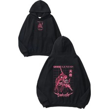 Urbvn Neon Genesis Tasarım Baskılı Oversize Siyah Kapüşonlu Sweatshirt