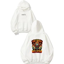 Urbvn Hellfire Tasarım Baskılı Oversize Beyaz Kapüşonlu Sweatshirt