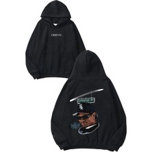 Urbvn Eazy E Smile Tasarım Baskılı Oversize Siyah Kapüşonlu Sweatshirt