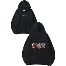 Urbvn Love Cowboy Tasarım Baskılı Oversize Siyah Kapüşonlu Sweatshirt