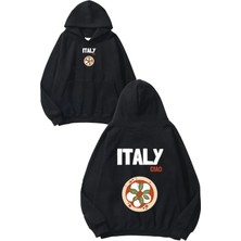 Urbvn Italy Pizza Tasarım Baskılı Oversize Siyah Kapüşonlu Sweatshirt