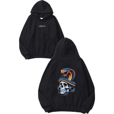 Urbvn Snake Skull Tasarım Baskılı Oversize Siyah Kapüşonlu Sweatshirt