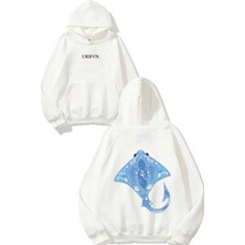 Urbvn Big Fish Blue Tasarım Baskılı Oversize Beyaz Kapüşonlu Sweatshirt