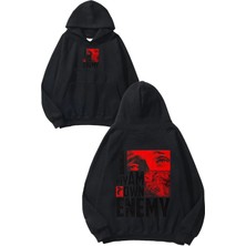 Urbvn Enemy Tasarım Baskılı Oversize Siyah Kapüşonlu Sweatshirt
