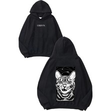 Urbvn Halucination Cat Tasarım Baskılı Oversize Siyah Kapüşonlu Sweatshirt