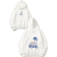 Urbvn Palmihouse Tasarım Baskılı Oversize Beyaz Kapüşonlu Sweatshirt