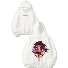 Urbvn Samurai Kılıç Tasarım Baskılı Oversize Beyaz Kapüşonlu Sweatshirt