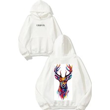 Urbvn Deer Face Tasarım Baskılı Oversize Beyaz Kapüşonlu Sweatshirt