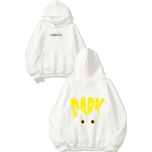 Urbvn Dark Yellow Tasarım Baskılı Oversize Beyaz Kapüşonlu Sweatshirt