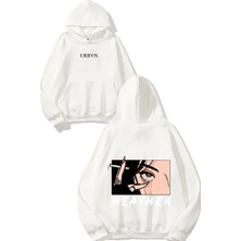 Urbvn Heather Tasarım Baskılı Oversize Beyaz Kapüşonlu Sweatshirt
