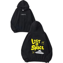 Urbvn Lost In Space Tasarım Baskılı Oversize Siyah Kapüşonlu Sweatshirt
