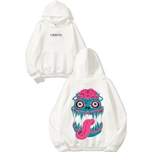 Urbvn Monster Brain Tasarım Baskılı Oversize Beyaz Kapüşonlu Sweatshirt