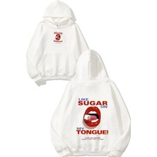 Urbvn Sugar On My Tongue Tasarım Baskılı Oversize Beyaz Kapüşonlu Sweatshirt