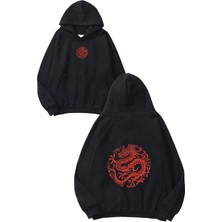 Urbvn Red Dragon Tasarım Baskılı Oversize Siyah Kapüşonlu Sweatshirt
