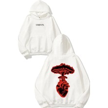 Urbvn Love Bomb Tasarım Baskılı Oversize Beyaz Kapüşonlu Sweatshirt