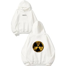 Urbvn Radioactive Tasarım Baskılı Oversize Beyaz Kapüşonlu Sweatshirt