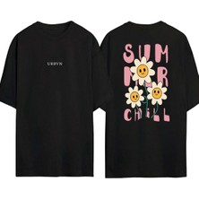 Urbvn Summer Chill Tasarım Baskılı Siyah Oversize T Shirt
