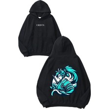 Urbvn Samurai Girl Tasarım Baskılı Oversize Siyah Kapüşonlu Sweatshirt