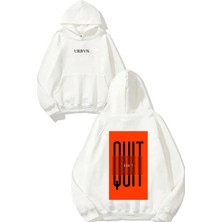 Urbvn Dont Quit Tasarım Baskılı Oversize Beyaz Kapüşonlu Sweatshirt