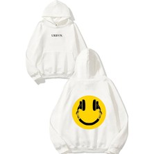 Urbvn Dj Smile Tasarım Baskılı Oversize Beyaz Kapüşonlu Sweatshirt