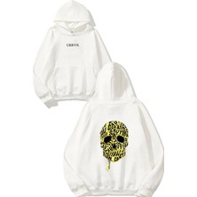 Urbvn Caution Tasarım Baskılı Oversize Beyaz Kapüşonlu Sweatshirt