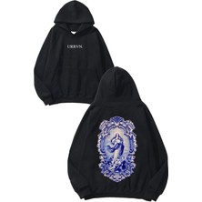 Urbvn Antik Seramik Tasarım Baskılı Oversize Siyah Kapüşonlu Sweatshirt