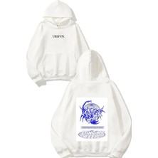 Urbvn Sting Feel Tasarım Baskılı Oversize Beyaz Kapüşonlu Sweatshirt