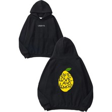 Urbvn Live Love Lemon Tasarım Baskılı Oversize Siyah Kapüşonlu Sweatshirt